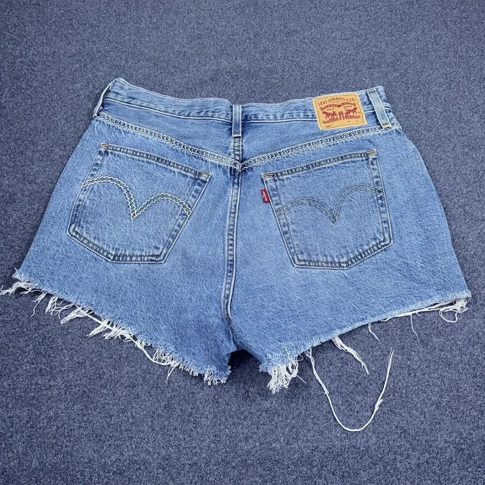 Levis 501 Shorts Womens 32 Blue Denim Distressed Cutoff Button Fly Raw Hem Y2K